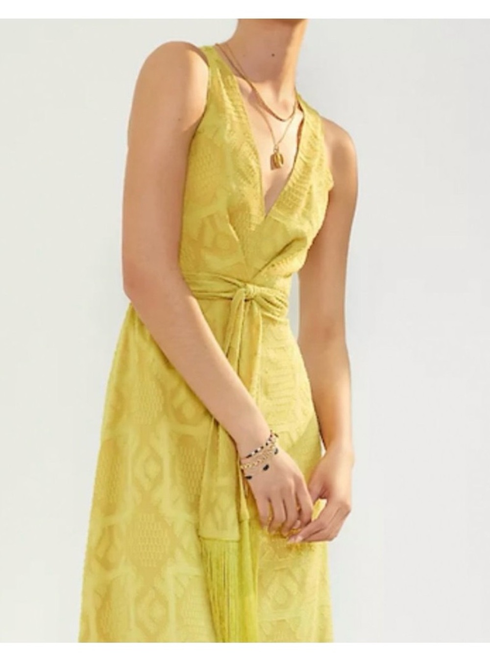 Sachin + Babi Anthropologie Yellow Jacquard V-Neck Tie-Waist Midi Dress